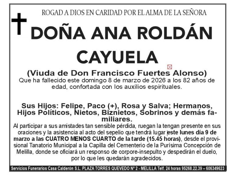 Obituario de Doña Ana Roldán Cayuela con detalles sobre su fallecimiento