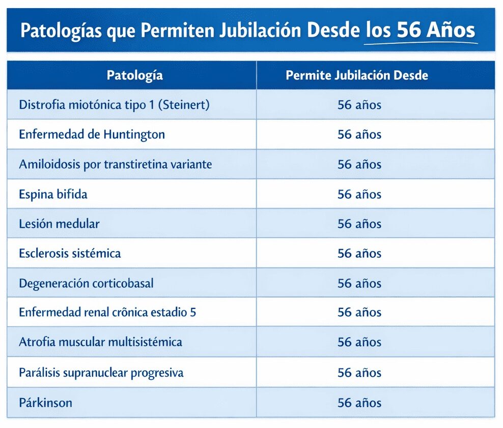 Tabla de patologías que permiten jubilación anticipada a los 56 años.