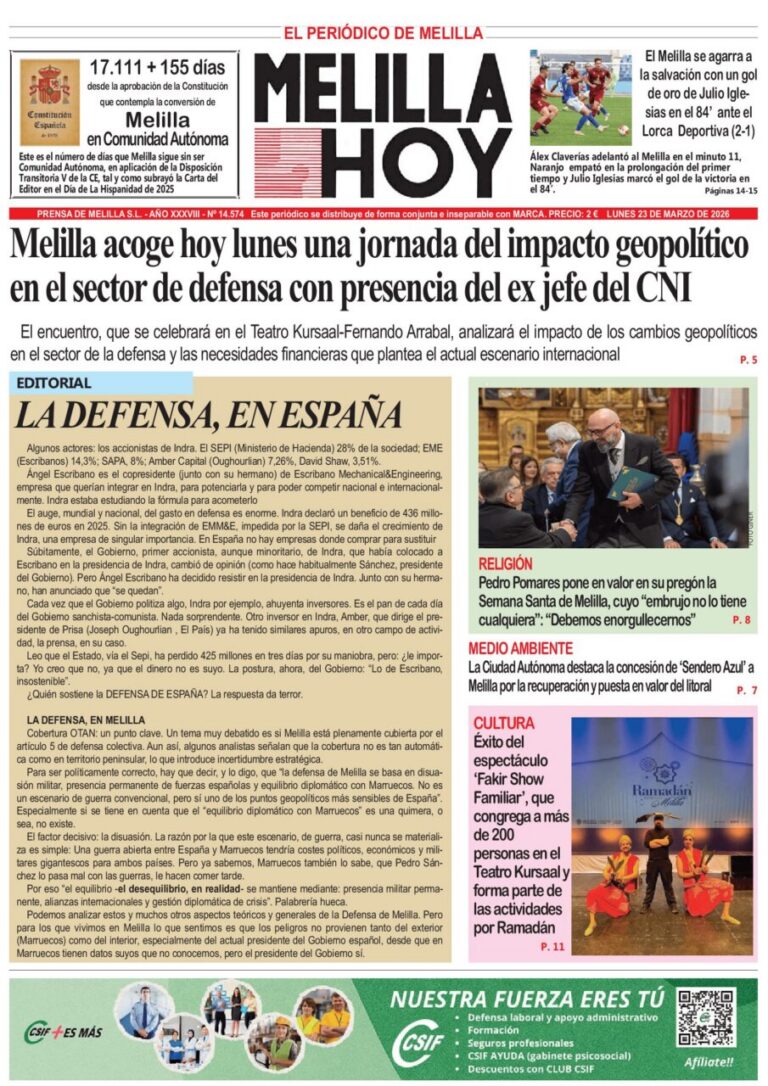 Portada del periódico Melilla Hoy del 23 de marzo de 2026