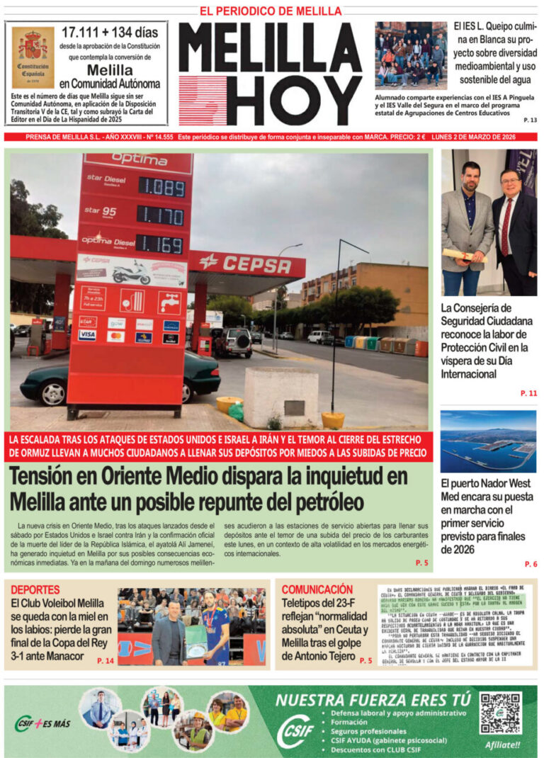 Portada del diario Melilla Hoy del 2 de marzo de 2026