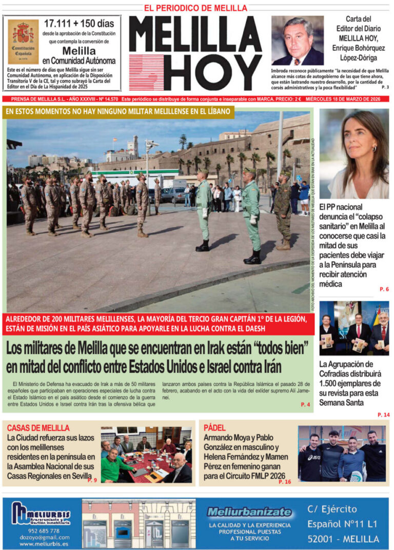 Portada del diario Melilla Hoy del 18 de marzo de 2026 con noticias locales.