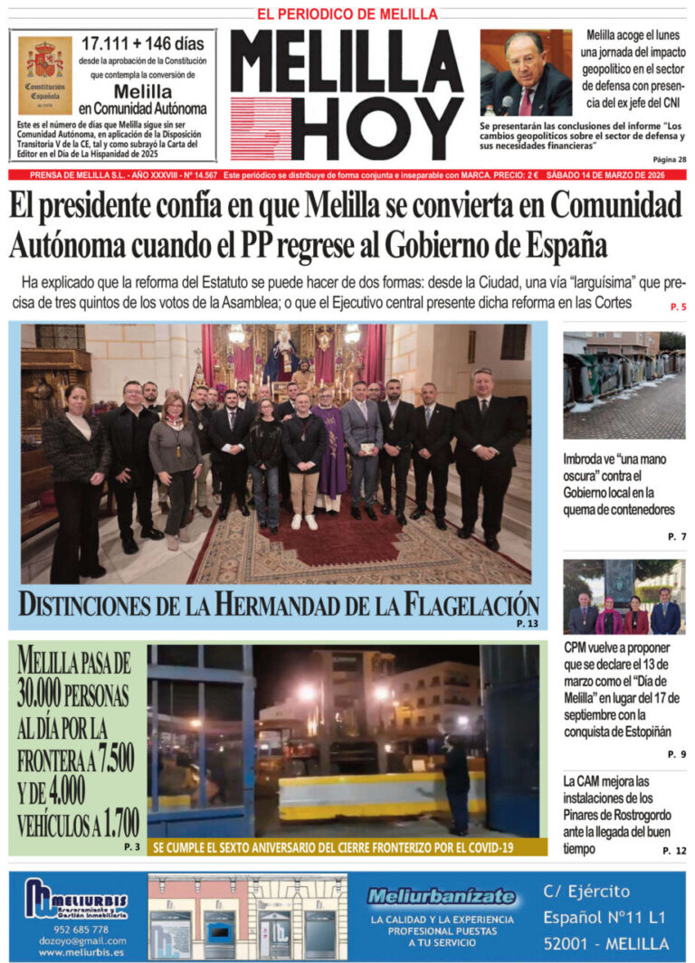 Portada del periódico Melilla Hoy del 14 de marzo de 2026