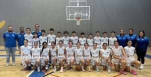 Equipo de minibasket de la Federación Melillense de Baloncesto posando en el gimnasio