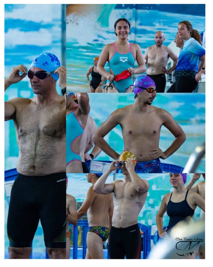 Collage of swimmers in caps and swimsuits on a pool deck, preparing for a race.