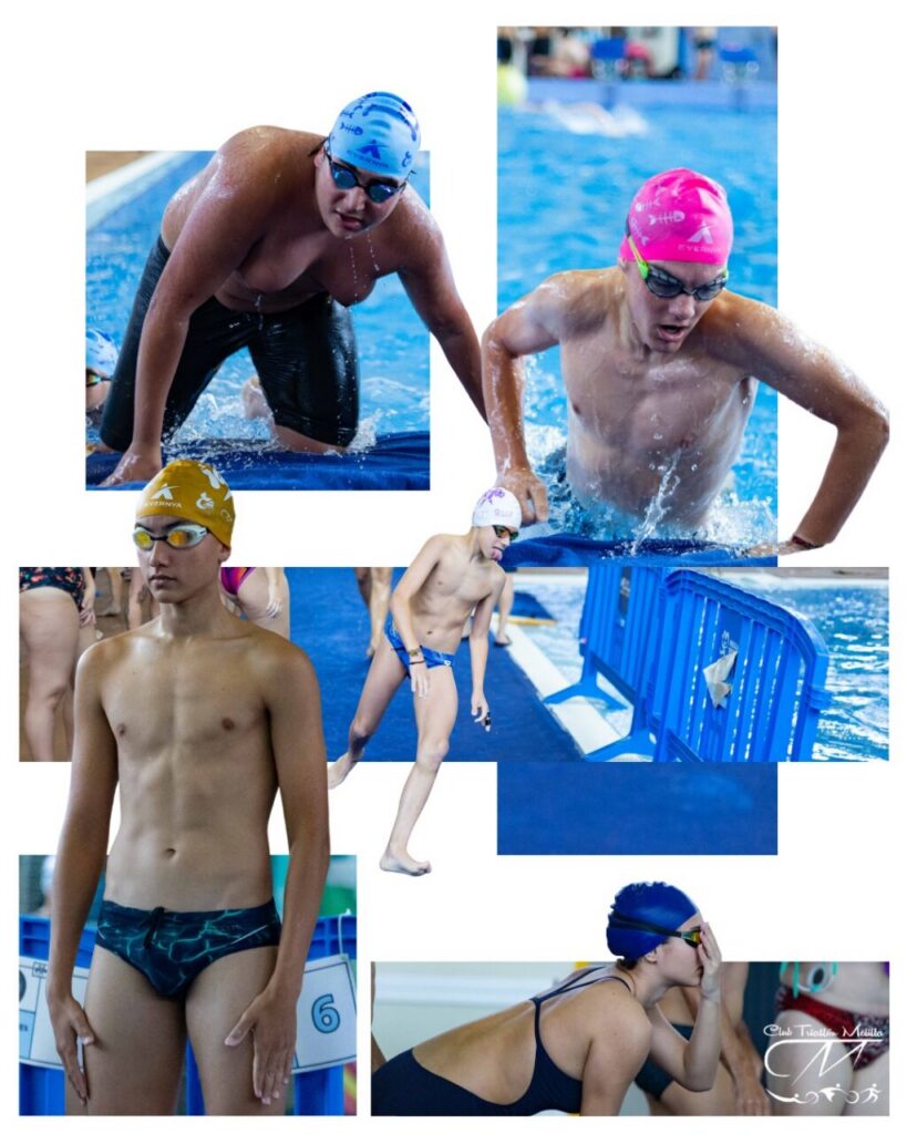 Collage of competitive swimmers wearing caps and goggles at a blue pool, some emerging from the water and others on the deck.