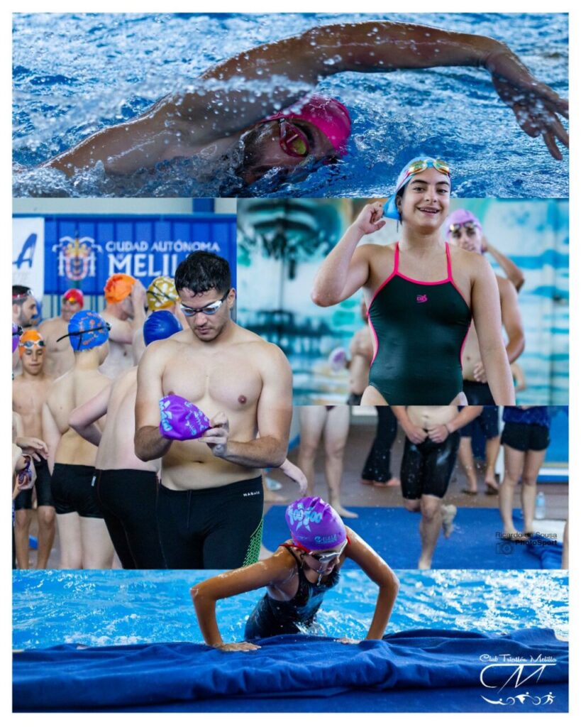 Collage of swimmers at an indoor pool during training or a meet, including a swimmer in a pink cap, a girl in a black swimsuit with pink trim, and others warming up by the poolside.