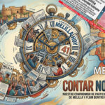 Ilustración con reloj y personajes representando la historia de Melilla