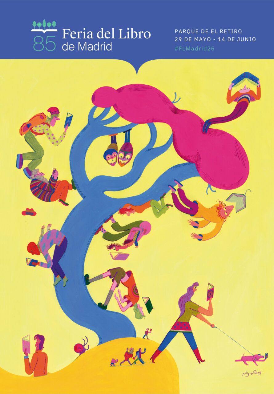 Cartel de la Feria del Libro de Madrid 2026 con personajes leyendo en posturas absurdas.