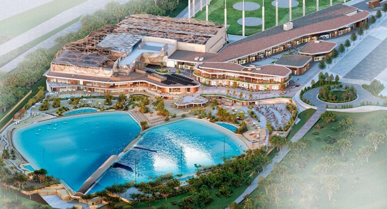 Vista aérea del complejo Gemswell Surf en Madrid con piscinas y áreas recreativas