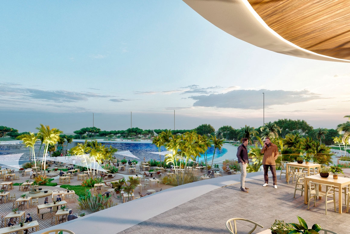 Vista del complejo Gemswell Surf en Madrid con personas y vegetación