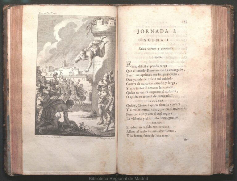 Página de la obra 'Numancia' de Cervantes con ilustración y texto