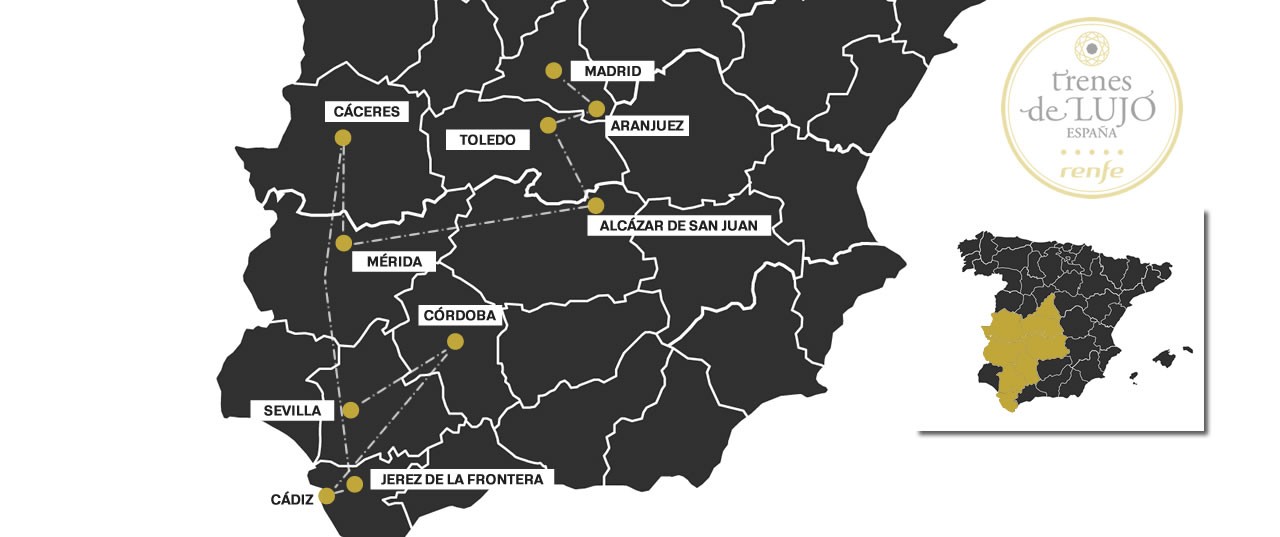 Mapa del recorrido del Tren Al Ándalus desde Madrid a Sevilla