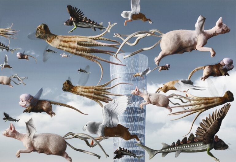 Obra surrealista inspirada en El Bosco con animales voladores y elementos fantásticos