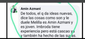 Comentario de Amin Azmani en redes sociales sobre la gestión política en Melilla.