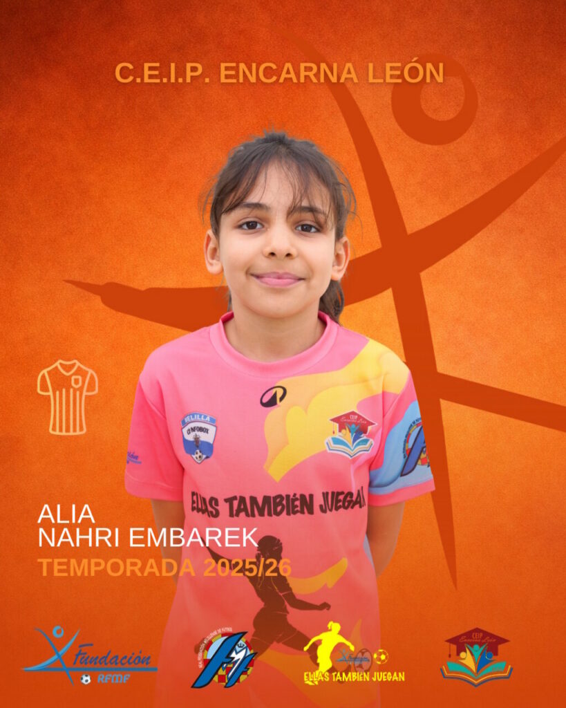 Portrait of a smiling girl in a pink sports jersey on an orange poster for C.E.I.P. Encarn León, temporada 2025/26.