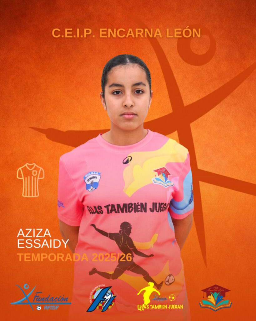Portrait of a girl in a pink sports jersey on an orange background; school poster for CEIP Encarná León, 2025/26 season.