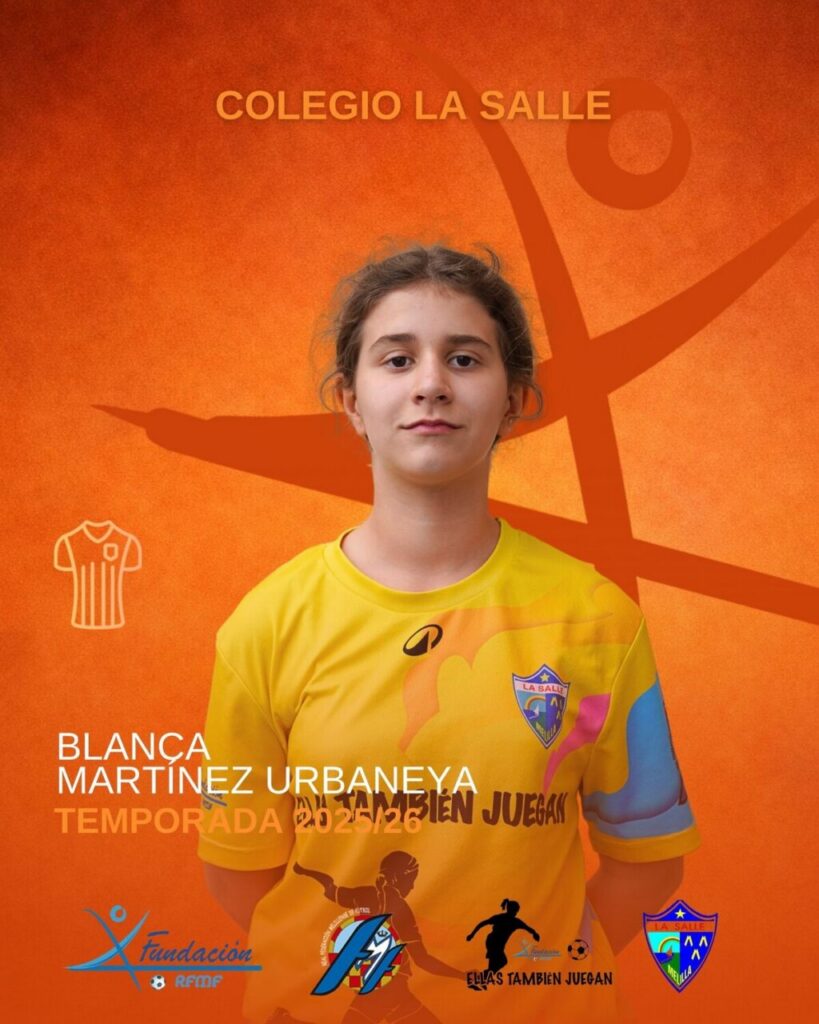 Portrait of Blanca Martinez Urbaneña in a bright yellow team jersey for Colegio La Salle, season 2025/26, against an orange background.