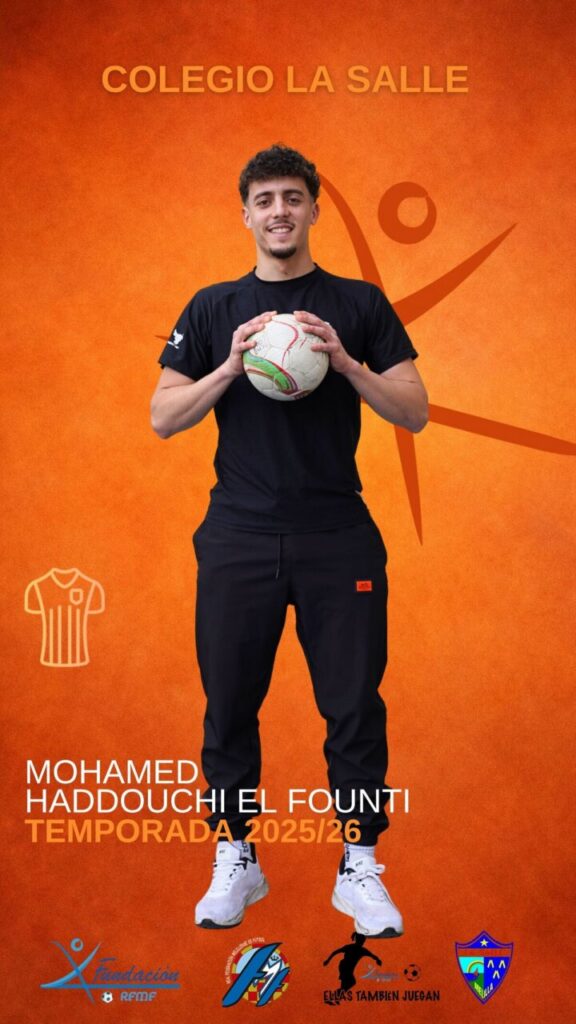 Portrait of Mohamed Haddouchi El Founti holding a soccer ball against an orange background, with school branding text and 2025/26 season info.