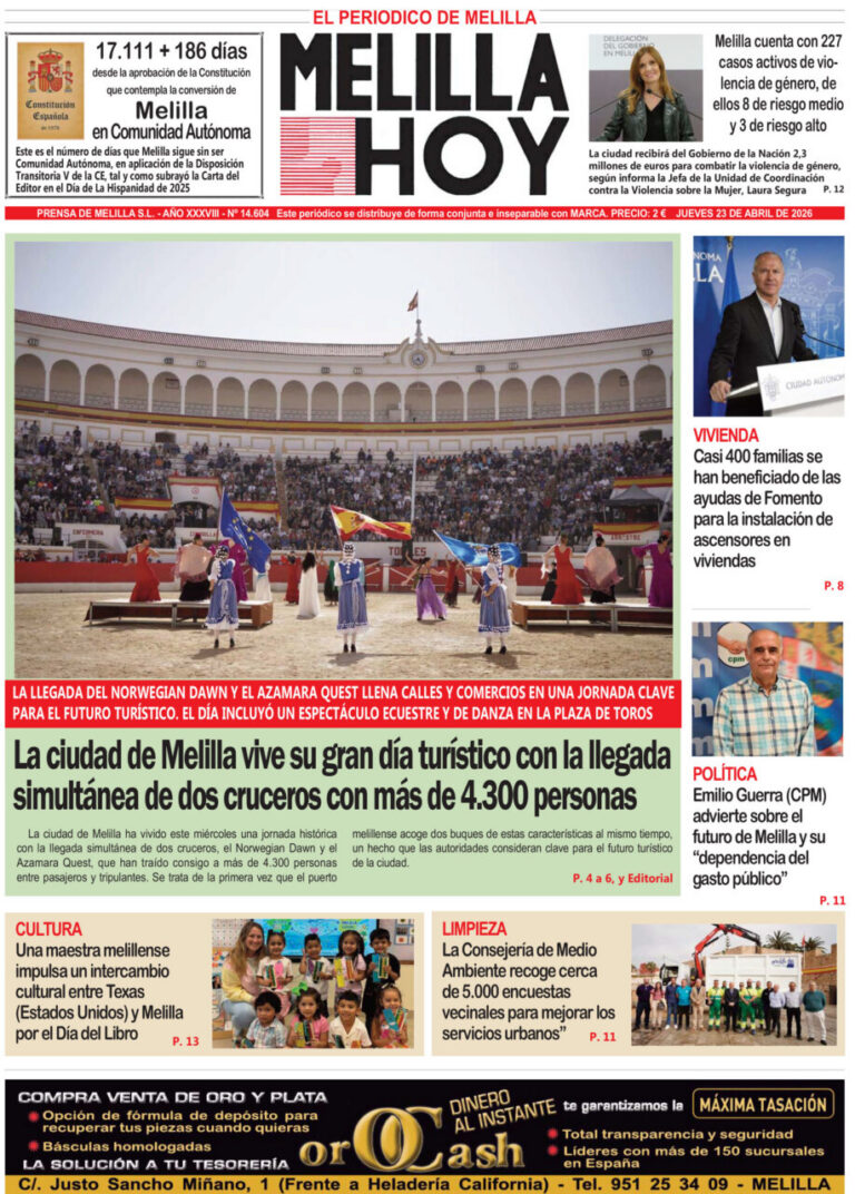 Portada del periódico Melilla Hoy del 23 de abril de 2026