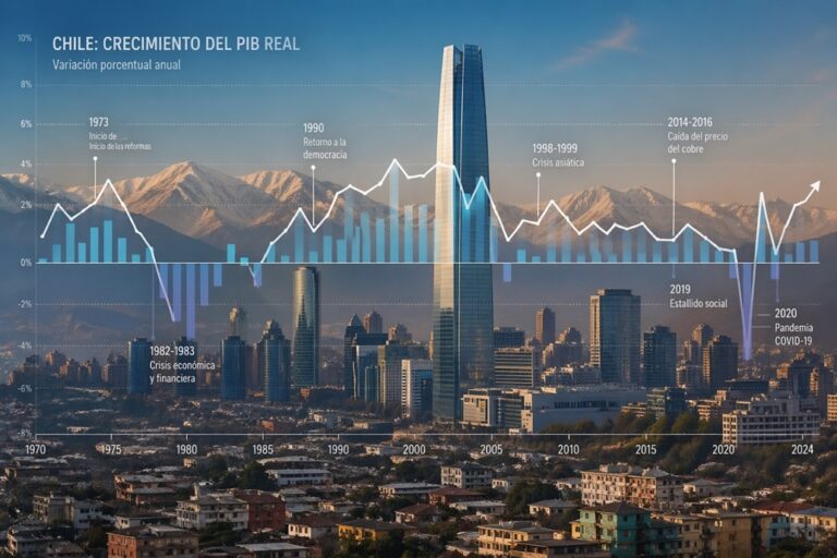 Infographic of Chile's real GDP growth with a white line and blue bars over a city skyline, showing yearly variations and labeled events from 1970s to 2020s.