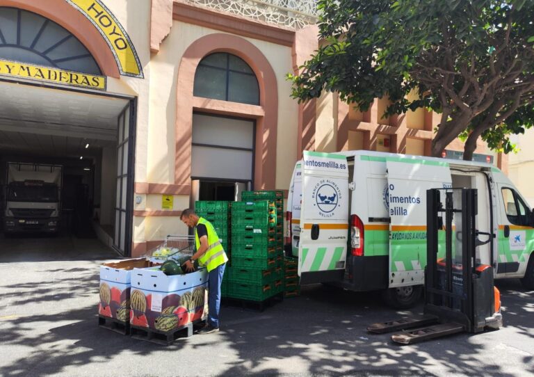 Hombre organizando cajas de frutas en el Banco de Alimentos de Melilla