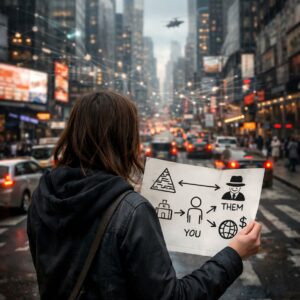 Persona sosteniendo un cartel con símbolos de conspiración en una ciudad