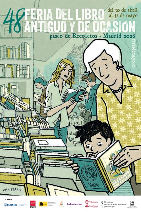 Cartel de la Feria del Libro Antiguo en Madrid con ilustración de Juan Berrio