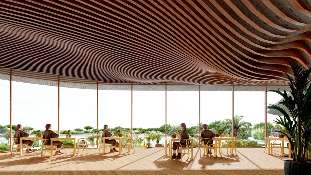 Interior de un espacio moderno con mesas y sillas en Madrid