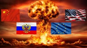 Explosión nuclear con banderas de potencias mundiales
