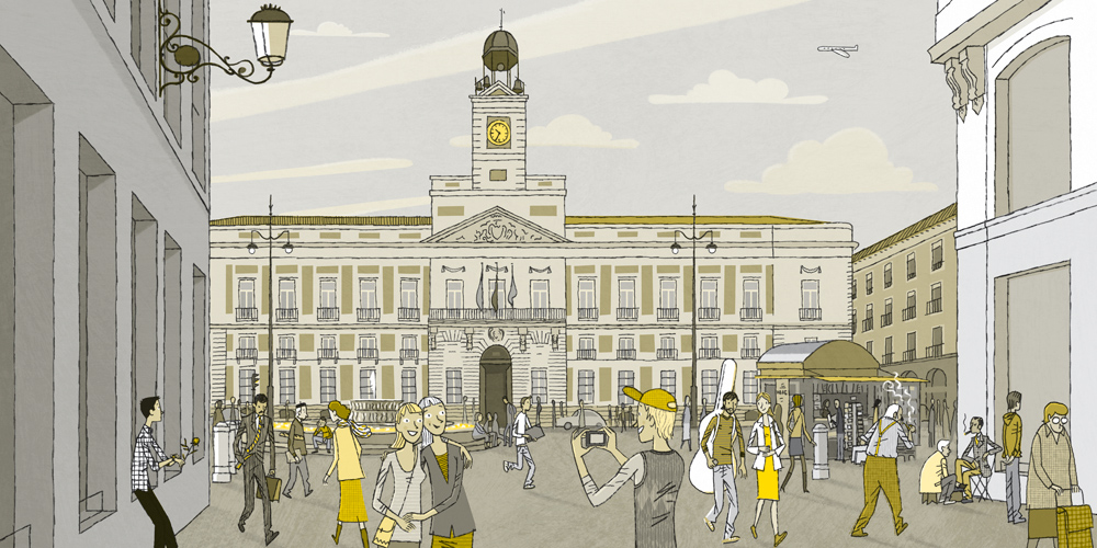 Ilustración de la Puerta del Sol con personas y edificios