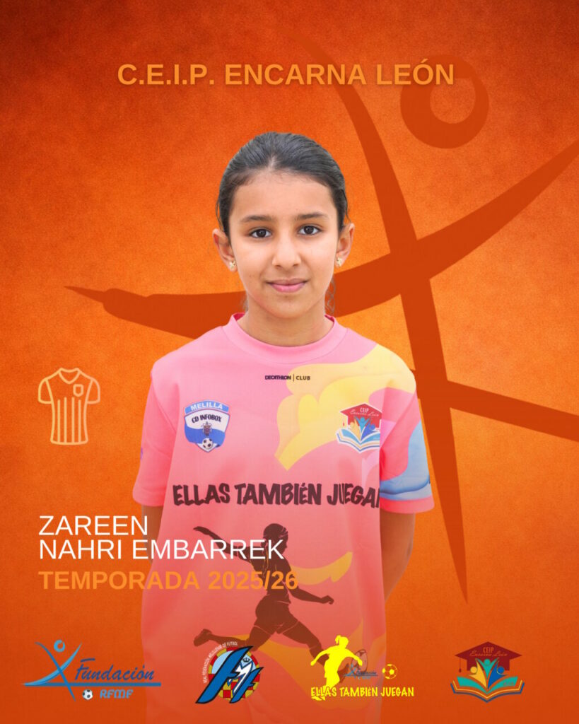 Portrait of a girl in a pink soccer jersey on an orange poster background, with text 'ZAREEN NAHRI EMBARREK' and 'TEMPORADA 2025/26'