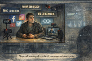 Ilustración de un hombre rodeado de cámaras y pantallas en un interrogatorio.