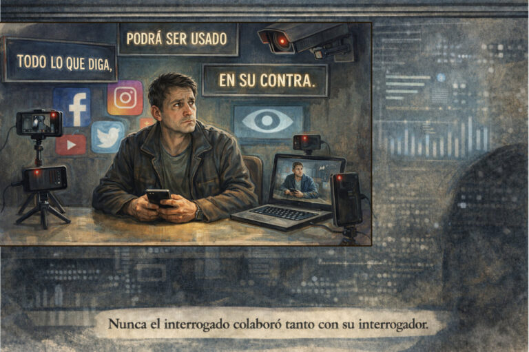 Ilustración de un hombre rodeado de cámaras y pantallas en un interrogatorio.