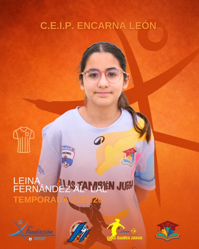 Portrait of a young girl wearing a colorful jersey on an orange background; text reads 'LEINA FERNÁNDEZ-ALÉN' and 'TEMPORADA 2025/26' with sports logos, indicating a player profile poster.