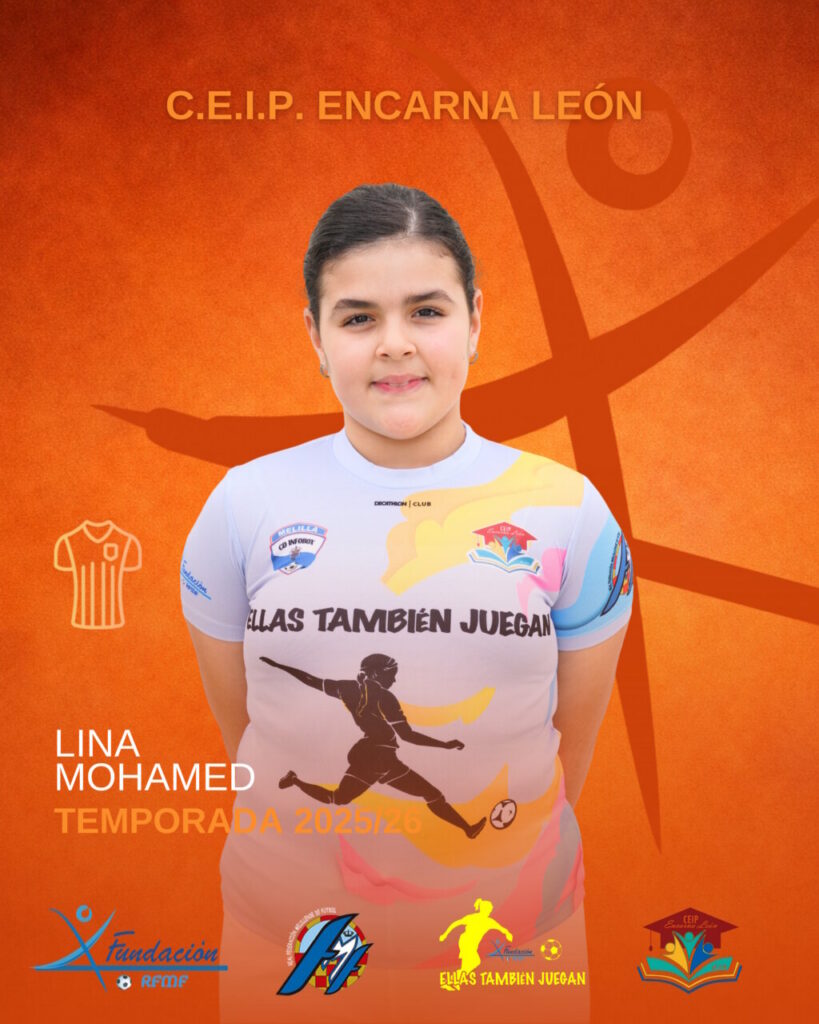 Portrait of Lina Mohamed on an orange promotional poster with team logos, announcing the 2025/26 season.