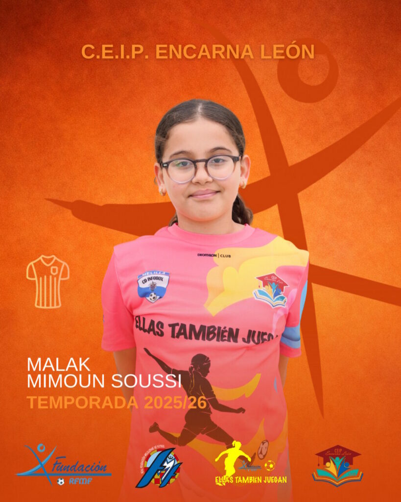 Poster introducing Malak Mimoun Soussi, athlete, for C.E.I.P. Encarna León, 2025/26 season.