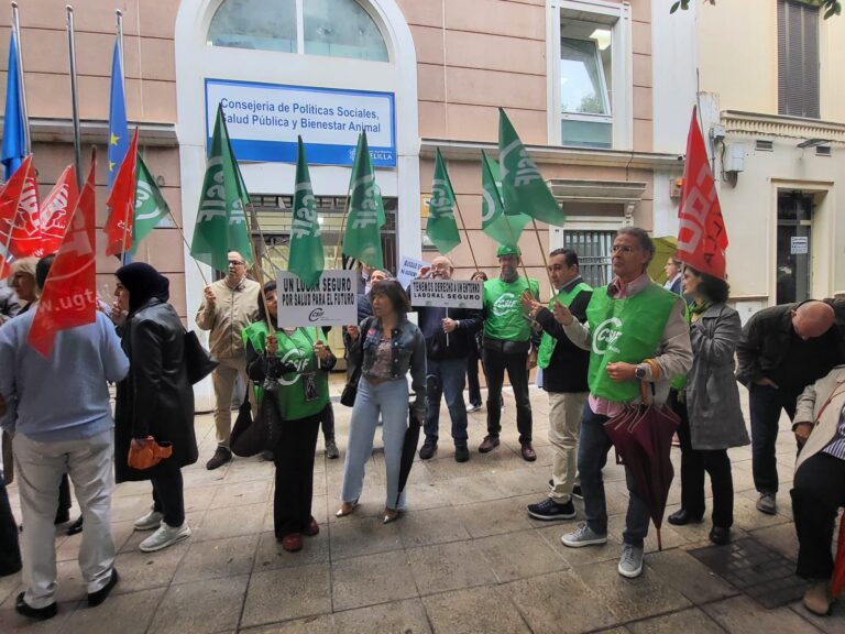 Group of protesters marching with green and red flags in front of a building; blue sign above reads 'Consejería de Políticas Sociales, Salud Pública y Bienestar Animal'.