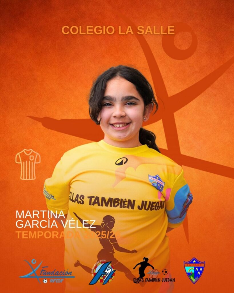 Smiling young girl in a yellow sports jersey on an orange poster for Colegio La Salle, featuring player name Martina García Vélez and season 2025/26.