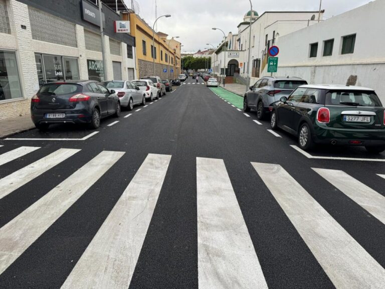 Vista del asfalto nuevo y pintado en la calle del colegio Reyes Católicos