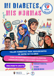 Cartel del taller sobre diabetes para adolescentes con gráficos y personajes