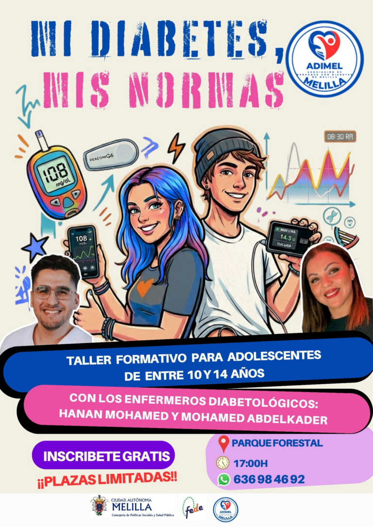 Cartel del taller sobre diabetes para adolescentes con gráficos y personajes