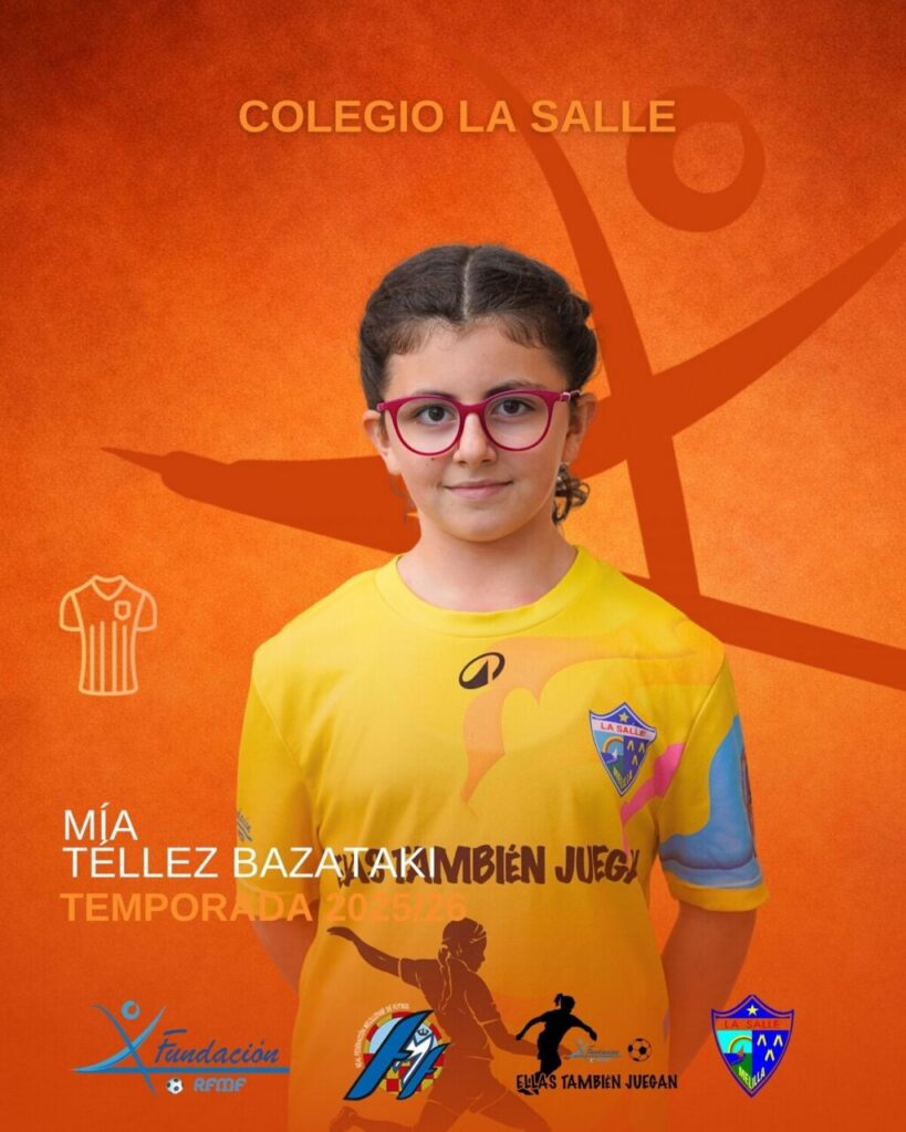 Young girl in a yellow La Salle sports jersey on an orange poster background with school logos and text in Spanish.
