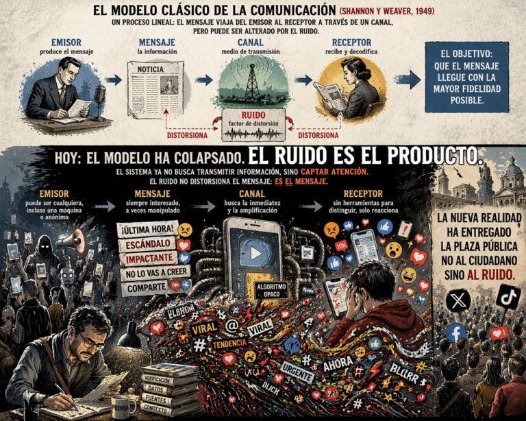 Ilustración sobre el modelo clásico de comunicación y el ruido en la era digital