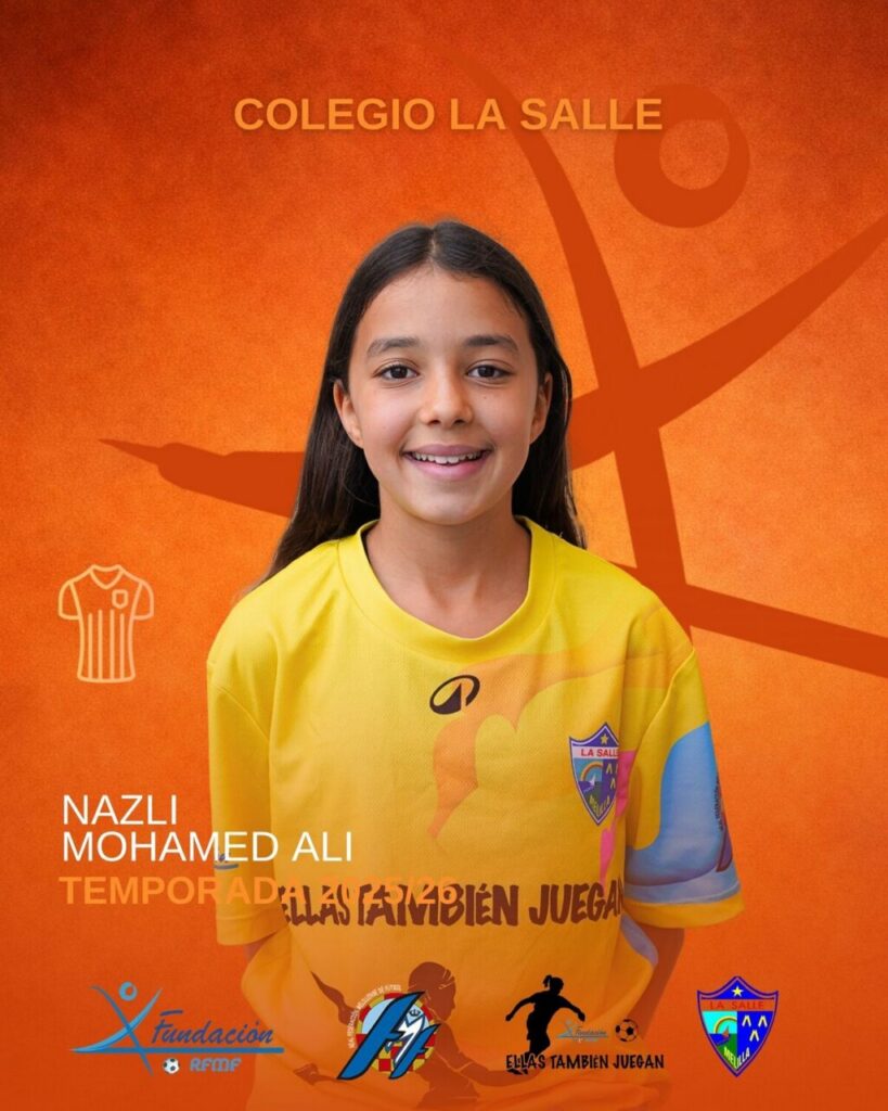 Portrait of Nazli Mohamed Ali in a yellow sports jersey, smiling, on an orange backdrop with school logos.