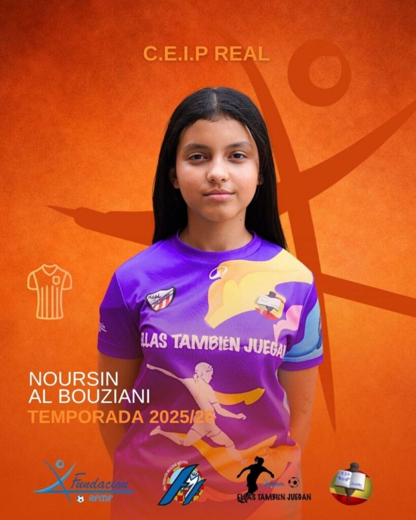 Portrait of Noursin Al Bouziani in a purple sports jersey on an orange poster background, with the caption 'Temporada 2025/26' at the bottom left.