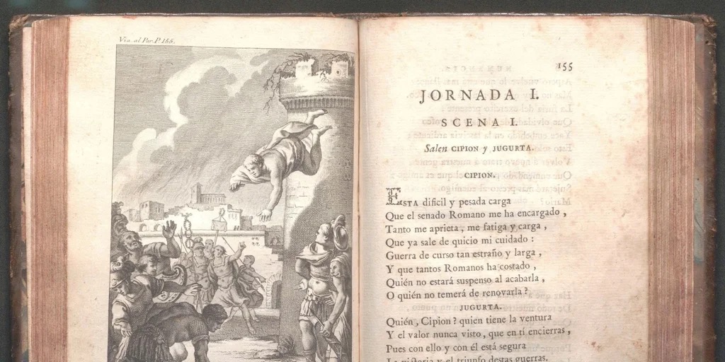 Página de la obra 'Numancia' de Cervantes con ilustración y texto