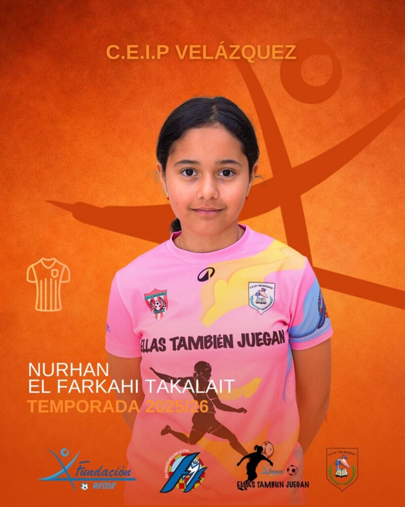 Poster introducing Nurhan El Farkahi Takalait for the 2025/26 season, featuring a girl in a pink jersey against an orange background.