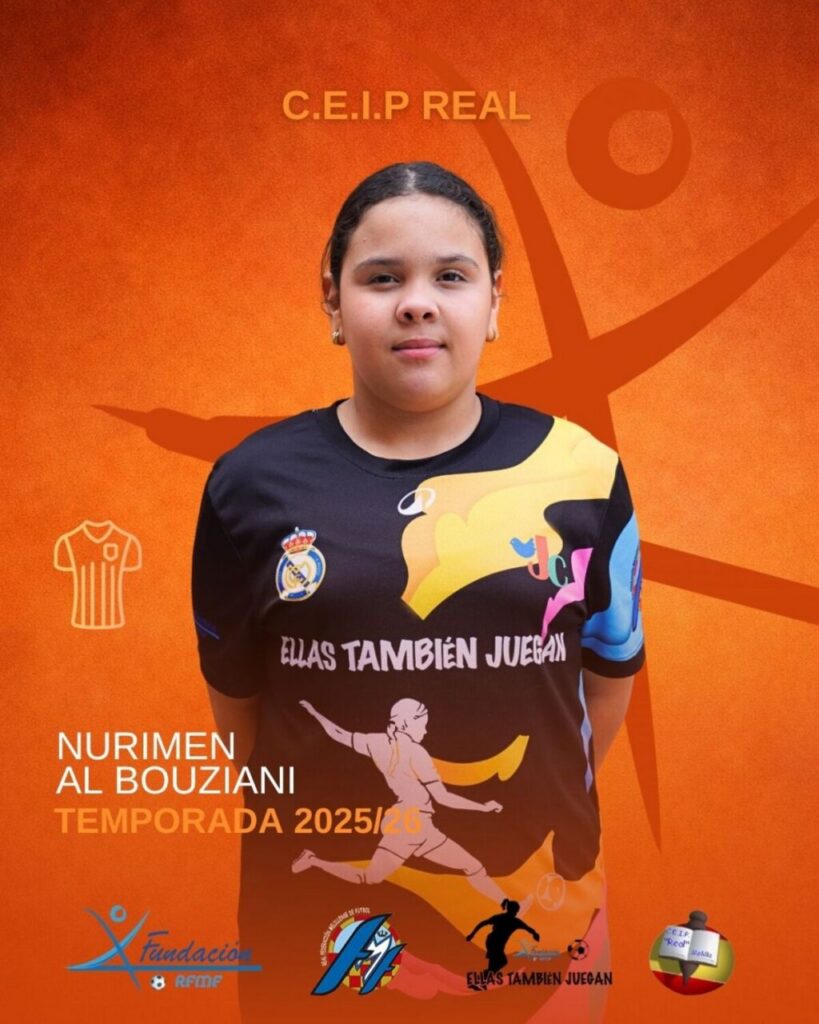 Portrait of Nurimen Al Bouziani on an orange poster, announcing the 2025/26 season with team logos and the slogan 'Ellas También Juegan'.