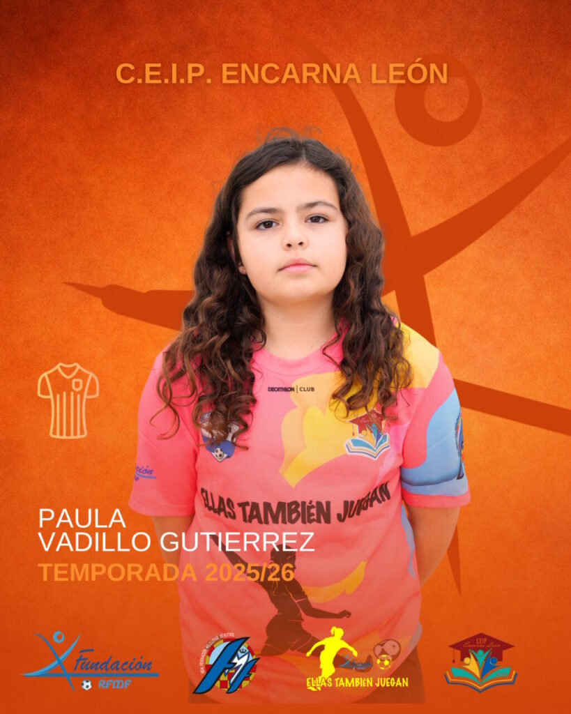 Portrait of Paula Vadillo Gutierrez in a pink jersey against an orange background with team logos and season text 2025/26