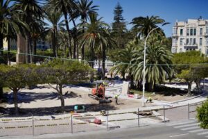 Trabajadores realizando obras en la Plaza de España con palmeras al fondo